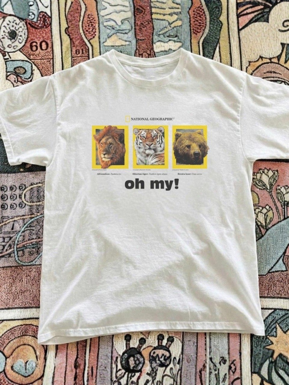 Gildan White Short-Sleeve Tee with Yellow-Accented Animal Photos